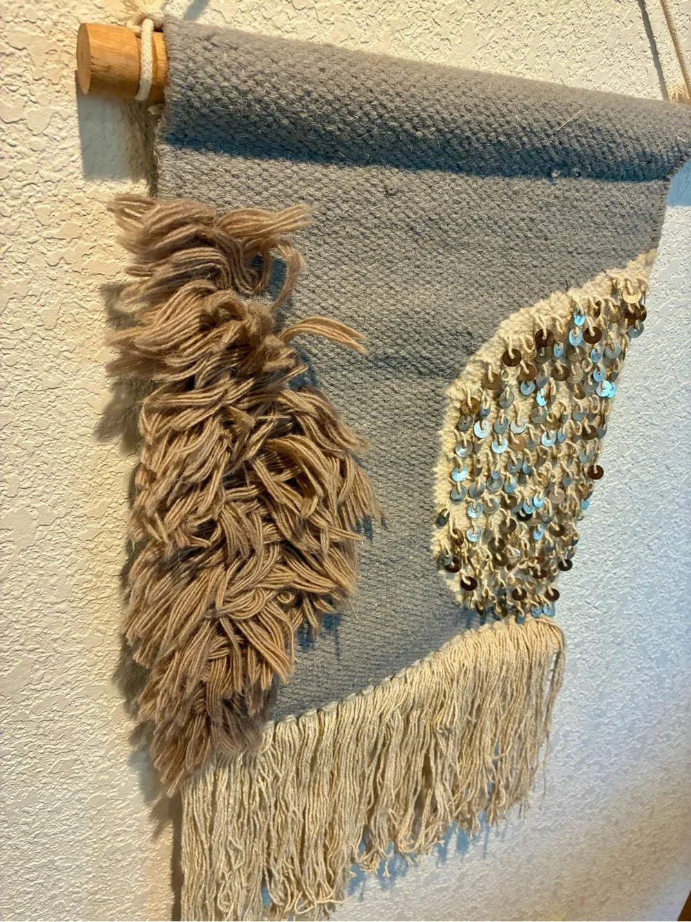 Anthropologie Gray and Beige Sequined Fringe Wall Tapestry